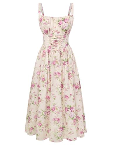 Scarlet Darkness Floral Dress for Women 2026 Corset Milkmaid Dresses Casual Summer Sundress with Pockets Pink Rose 2XL - Image 1