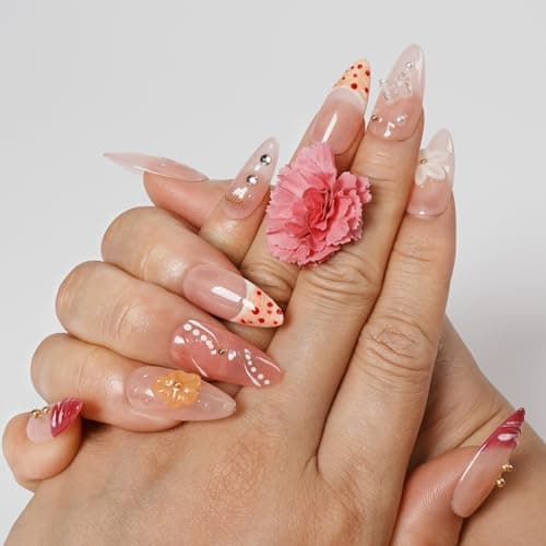 Tesytto 10 Pcs Almond Handmade Press On Nails - 3D Floral Gradient Color with Water Drop Butterfly Decor & Seashell,Hand-painted Light Pink Base for Spring Summer (Hand Painting, M) - Thumbnail 2