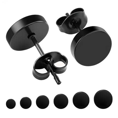 Hypoallergenic Black Stud Earrings for Men Women: 6 Pairs Flat Back Stainless Steel Cartilage Piercing Ear Tunnel 5mm-10mm (6 Pairs-Black-(3-8mm)) - Image 1