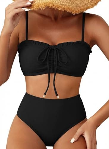Herseas Women's Two Piece Bikini Sets Lace Up Front Top Wire Free Swim Suits Ruched Ruffle Trim Moderate Coverage Bathing Suit Cruise Essentials 2026 Summer Black Large - Image 1