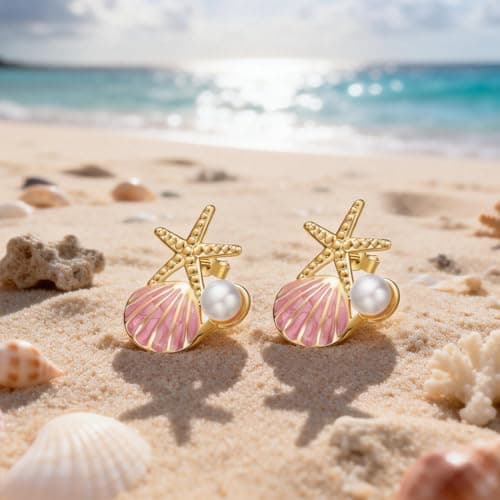 Stainless Steel Starfish & Seashell Summer Beach Earrings for Women, Pink - Thumbnail 4