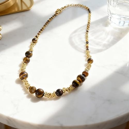 Elrcryon Tiger Eye Beaded Necklace for Women, Gold-Plated Adjustable Clavicle Chain, Adjustable 16-18 Inch Bohemian Fashion Jewelry for Daily/Casual Wear, Birthday Xmas Gift - Thumbnail 4