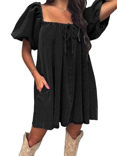 EXLURA Womens Summer Denim Short Puff Sleeve Dresses Knit Loose Plus Size Short Mini Dress 2026 Trendy Spring Outfits - Image 1