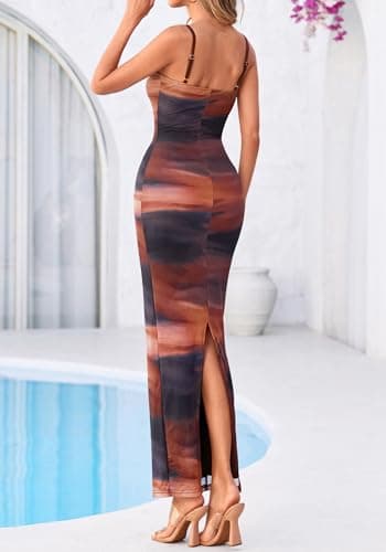 BTFBM Womens Maxi Dress 2026 Spring Floral Sexy Spaghetti Straps Sleeveless Bodycon Summer Beach Wedding Guest Dresses(Dark Red Print, Large) - Thumbnail 3