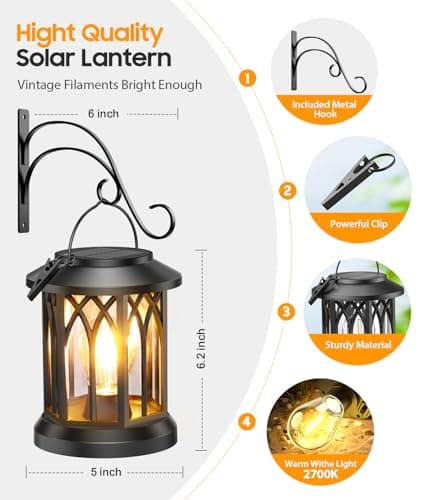 TuyLuxe Solar Lantern Outdoor Lights with Wall Mount Kit, 2 Pack Upgraded Solar Lanterns Outdoor Waterproof, Hanging Solar Lights for Outside Decorative Yard Patio Path Porch Garden Decor - Thumbnail 4