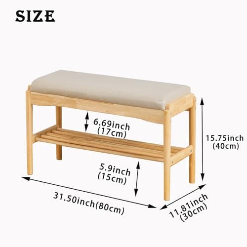 latifolia Small Shoe Bench, Solid Wood Bench with Cushion, 2 Tier Shoe Storage Organizer for Entryway(Nature,31.50''L) - Thumbnail 3