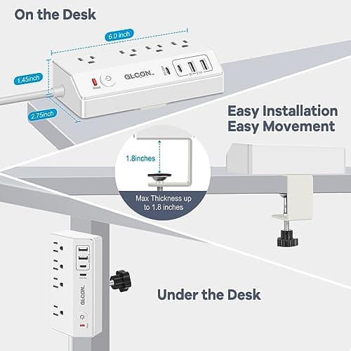 Desk Clamp Power Strip USB C - Charging Station for Multiple Devices - Multi Plug Outlet Extender - Desktop Mount Surge Protector with 4 Outlets 4 USB Ports for Phone, Tablet, Computer - Thumbnail 4