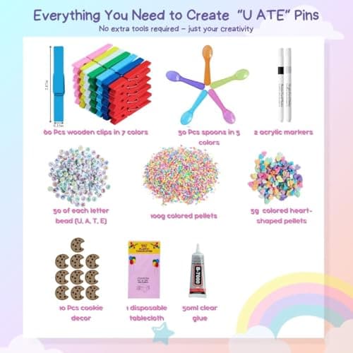 Cheer Pins Spirit Clip U ATE Kit 60 Colored Wooden Clothes 50 Spoons Cookies 250 U ATE Beads Polymer Sprinkles Pens and Disposable Tablecloth Cheer Pin Decor for Cheerleading Backpack Ribbon Gift Bulk - Thumbnail 2