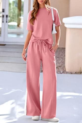 PRETTYGARDEN Women's 2 Piece Sets Summer Casual Short Sleeve Tops Wide Leg Pants Matching Lounge Set Vacation Travel Outfits (Pink,XL) - Thumbnail 2