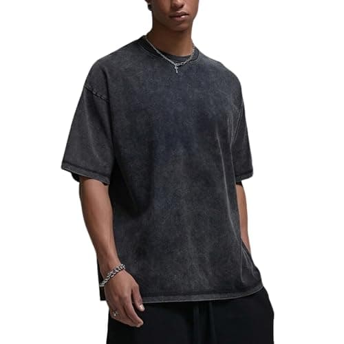 Zukela Black Men's Oversized Vintage Acid Wash Cotton Shirts Unisex Loose Fit Short Sleeve Casual Drop Shoulder Tops Tees S