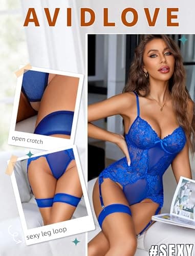 Avidlove Lace Bodysuit Sexy Garter Teddy with Strappy Details, Unique Luxury Lingerie for Special Nights & Gifts Royal Blue L - Thumbnail 2