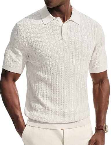 PJ PAUL JONES Mens Short Sleeve Knit Polo Shirts Casual Textured Polo Golf Shirts Summer Beach Shirt Ivory White S - Image 1