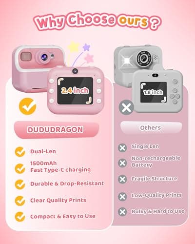 Instant Camera, Front Rear Dual Selfie Kids Camera with 1080P Videos, Holiday Birthday Gifts for Kids Age 3-12, Toddler Portable Travel Print Digital Camera Toy for 4 5 6 7 8 9 Year Boys Girls - Thumbnail 6