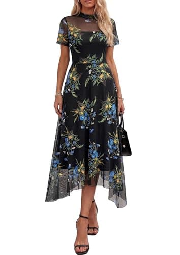 PRETTYGARDEN Cocktail Dresses for Women 2026 Summer Short Sleeve Floral Mesh Sheer Midi Party Wedding Guest Dress (Floral Black Blue Yellow,X-Large) - Image 1