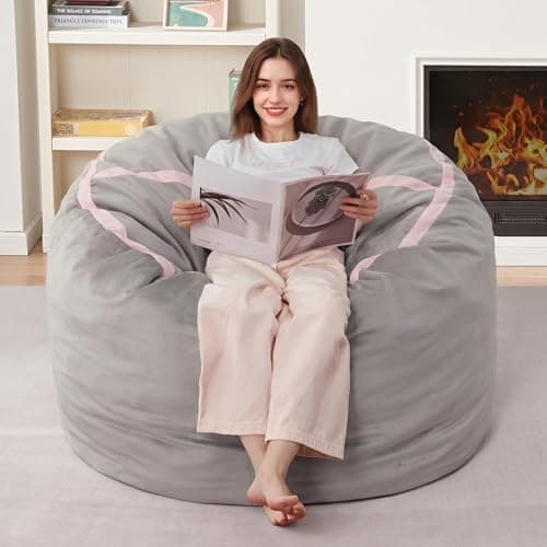 HABUTWAY 3ft Bean Bag Chair Giant Bean Bag Chairs with Memory Foam Filled, Large Beanbag Chair with Removable Dutch Velvet Cover for Living Room, Bedroom, Dorm, Light Grey & Pink - Thumbnail 4