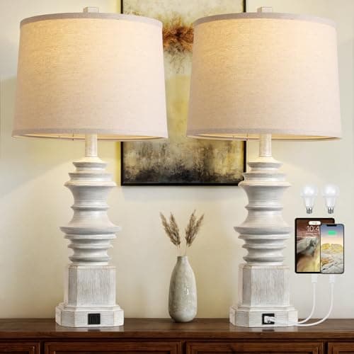 QiMH Table Lamps for Nightstand Set of 2, Bedside Lamp with USB A+C Charging Ports, Farmhouse Table Lamp with Linen Lampshade, Lamps for Living Room, Bedroom Lamps with LED Bulbs, Grey - Image 1
