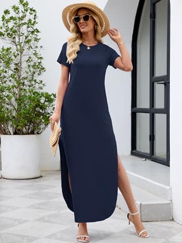 Heymoments Womens Summer Maxi Dress Navy Blue XX-Large Short Sleeve Casual Loose Fitted Long T Shirt Ladies Flowy Dresses Split Cute Vacation Party Beach Travel Elegant Sundress with Pockets - Thumbnail 5