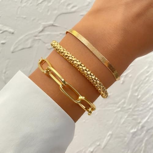 Alegend 14K Gold-Plated 3-Layered Bracelet Set - Chunky & Snake Chain Stackable Bracelets for Daily Wear - Thumbnail 6