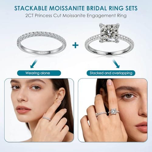 WES 1.5mm Moissanite Wedding Band - 925 Sterling Silver Half Eternity Round Stackable Moissanite Engagement Rings Anniversary Wedding Rings for Women, Size 4 - Thumbnail 5