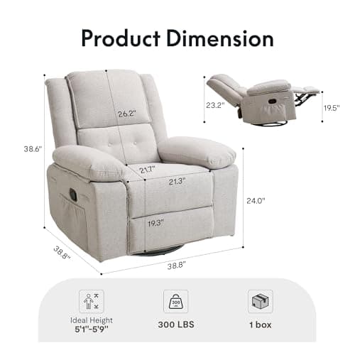 FLEXISPOT Swivel Rocker Recliner Chair for Adults, Massage Recliner Rocking Chair Nursery, 360° Swivel Nursery Glider for Living Room Bedroom, Beige (XRC2) - Thumbnail 2