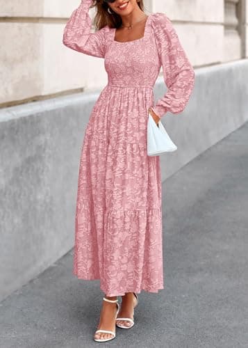 KIRUNDO Wedding Guest Dresses for Women 2026 Fall Long Sleeve Smocked Floral Flowy Spring Baby Shower Maxi Dress Pockets (Pink, XX-Large) - Thumbnail 6
