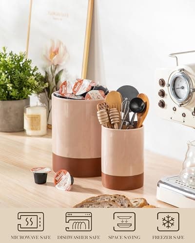 MALACASA Utensil Holder, 7.3"+5.5" Ceramic Kitchen Utensil Holder for Countertop, Large Cooking Utensil Crocks for Kitchen Counter, Farmhouse Utensils Organizer, Set of 2, Khaki Pink, Series TARA - Thumbnail 4