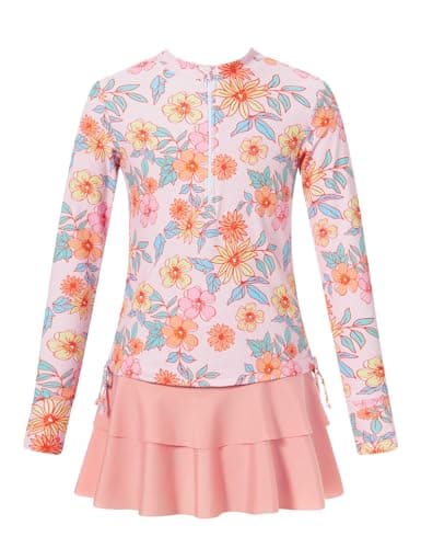 Size 8-10 Girls Pink Flower Hawaiian Bathing Suits for Kids 3D Floral Print Long Sleeve Swimsuits with Zipper 9 Year Little Child Ruffle Skirts with Shorts Blue Bottoms Quick Dry Swimming Set - Thumbnail 3