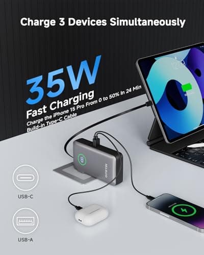 Portable Charger with Built in 25.6in Retractable Cable and Wall Plug, 10000mAh USB C Travel Power Bank, 35W Fast Charging Battery Pack Compatible with iPhone 16 15 14 13 Samsung Android Phone etc - Thumbnail 3