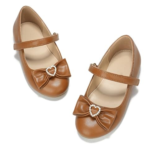 BOGELOO Toddler Girls Flats Mary Jane Flower Girls Dress Shoes School Wedding Party Shoes(Brown,8) - Image 1