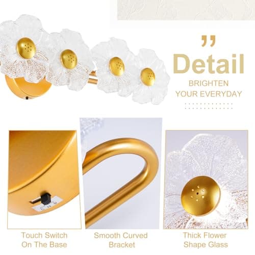 TYhogar 26.7" Gold Bathroom Light Fixtures 5 Light Floral Vanity Lights, 3-Color Dimmable Bathroom Vanity Light Elegant Led Wall Lights Cordless Wall Sconces for Decor,Bathroom,Livingroom - Thumbnail 4