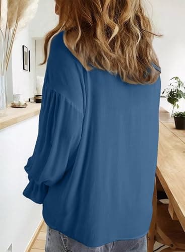Astylish Women's Dressy Casual Blouses Business Work Spring Summer Tops Beach Fashion Long Puff Sleeve V Neck Button-Down Flowy Oversized Linen Shirts Dirty Blue Medium - Thumbnail 4
