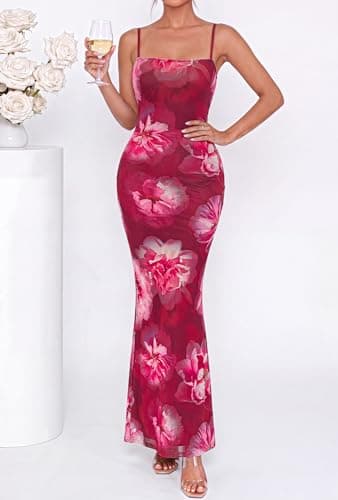 BTFBM Womens Summer Maxi Dress 2026 Floral Mesh Spaghetti Straps Sleeveless Sexy Bodycon Wedding Cocktail Party Dresses(Floral Rose Pink, Medium) - Thumbnail 3