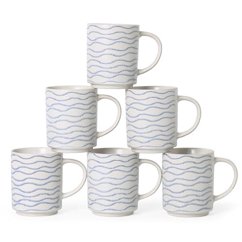 ALOFMO Ceramic Mugs Set of 6, 17oz Coffee Mugs with Handpainted Blue Stripe Pattern, Modern Stackable Coffee Cups, Dishwasher and Microwave Safe Mugs for Coffee, Tea, Milk