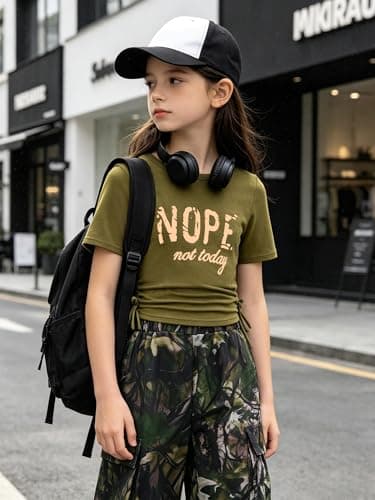 AMAWMW Girls Clothes Summer Outfits Short Sleeve Letter Print Ruched Tops and Cargo Pants Set Teen Clothing Army Green 15-16Y - Thumbnail 3