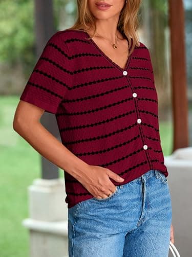 NALANISA Short Sleeve Sweaters for Women Trendy 2026 Spring Summer Tops V Neck Striped Button Up Causal Dressy Blouses (Dark Red,XL) - Thumbnail 6