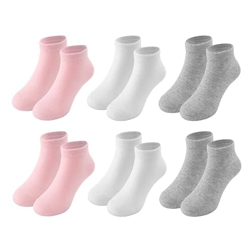 Fiveluck 6 Pack Girls Toddler Ankle Socks, Cotton Soft Low Cut Socks for Kids, Daily School Casual Wear, White/Grey/Pink, 3-5T
