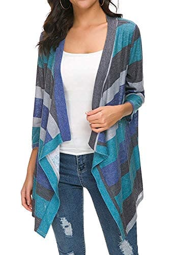 DEARCASE 3/4 Sleeve Shawl Cardigans for Women Lightweight Cover Up Shrug Striped Printed Green XX-Large Open Front Draped Kimono Flowy Ladies Thin Duster Summer Fall Knit Cardigan Sweaters Jackets - Image 1