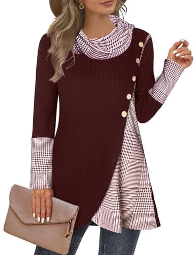 Miusey Cowl Neck Tunic Sweaters Fall Tunic Tops for Women 2025 Long Sleeve Christmas Sweatshirts Crimson Black Plaid XXL - Image 1