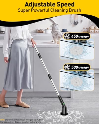 Shower Scrubber with Long Handle, Shower Cleaner Brush with 8 Brush Heads, Cordless Electric Spin Scrubber for Cleaning with 2 Speed, Cleaning Supplies for Bathroom Bathtub Kitchen Floor Tile Toilet - Thumbnail 3