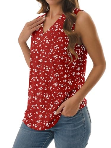 GKBK Women's Tank Tops Loose Fit Summer Sleeveless Shirts Business Casual Blouses V Neck T Shirts Spring Tops Hawaiian Beach Vacation Clothes Red-White Flowers L - Thumbnail 3