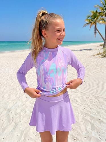 Seanrui Girls Swimsuits Size 10-12 Rash Guard Swimsuit 3 Piece Bathing Suit for Teens Shirt Light Purple - Thumbnail 3