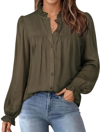 LOOKBOHO Button Down Shirts for Women Dressy Casual Blouses Long Puff Sleeve Shirts Elegant Pleated Tunic Tops Army Green - Image 1