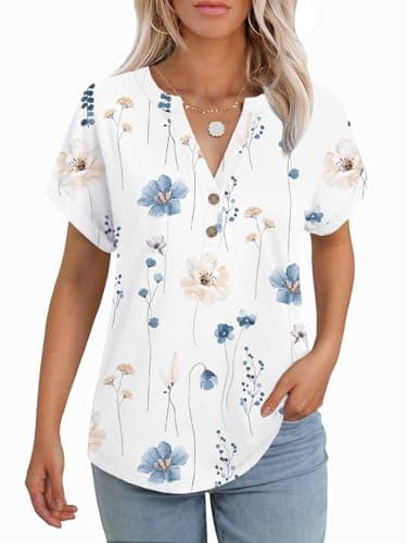 GKBK Womens Short Sleeve Henley Tops V Neck Dressy Casual Blouses Summer Trendy Tee Shirts 2026 Vacation Fashion Clothes White Floral XL - Image 1