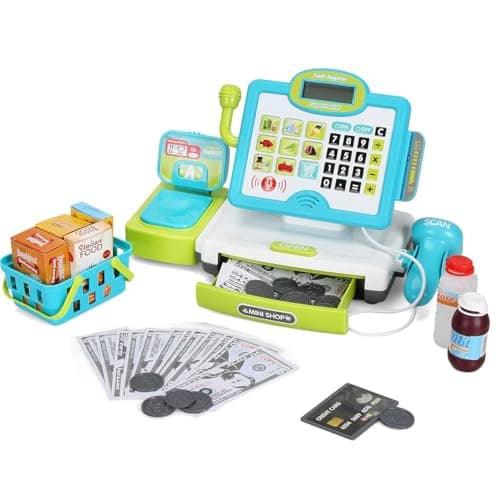 FS Pretend Play Calculator Cash Register Toy as Preschool Gift for Kids, Classic Count Toy with Sound, Microphone, Scanner, Pretend Credit Card, Play Food for Boys & Girls,45 Pieces, Ages 3 4 5 6 7 - Image 1