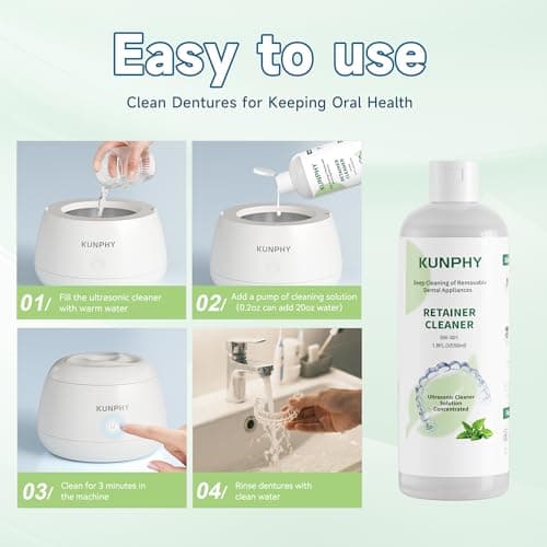 KUNPHY Ultrasonic Retainer Cleaner Solution Concentrate-Professional Cleaning of Retainers, Denture, Invisible Aligners, Mouth Guards, Night Guards, Remove Odors, Discoloration & Stains 1.8 oz(Mint) - Thumbnail 6