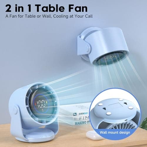 YOSHENMO Desk Fan, Turbo Table Fan for Bedroom, 100-Speed Digital Display, Low Noise, 105° Adjustable Tilt, 7.5-inch, Rechargeable Battery, Wall-Mouted Design for Home, Office, Travel Blue - Thumbnail 3