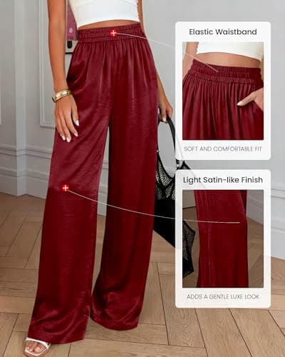 BTFBM Wide Leg Pants Woman Summer 2026 Pockets Dressy Flowy Lightweight Glitter Satin Palazzo Beach Vacation Clothes(Burgundy, Small) - Thumbnail 4