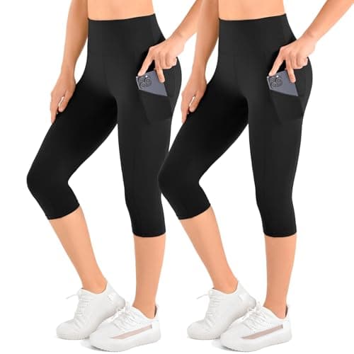 Leafigure 2-Pack Capri Leggings with Pockets for Women, High Waisted Soft Yoga Pants for Gym Workout Black XXL - Image 1
