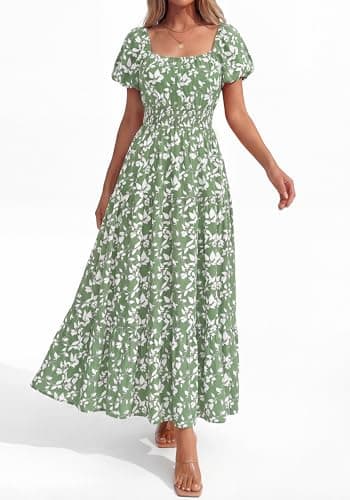 BTFBM Summer Dress for Women 2026 Spring Floral Short Sleeve Casual Flowy A-Line Smocked Tiered Maxi Dresses Pockets(Floral Green White, Medium) - Thumbnail 4