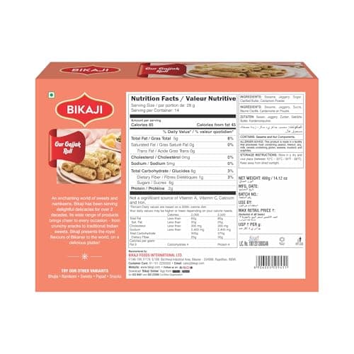 Bikaji Gur Gajak Roll 14.11 oz (400g) – Sesame Jaggery Sweets Snacks, Traditional Indian Mithai, Healthy Natural Sweets, Til Gajak, Crunchy Winter Desserts, Festive Gift Pack - Thumbnail 2